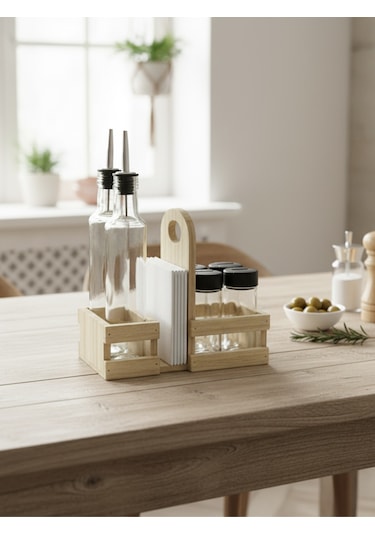 Ahşap Doğal Baharatlık Yağdanlık Ve Peçetelik Takımı Uzun Başlık Set Kavak-ıhlamur 1 Set Ahşap