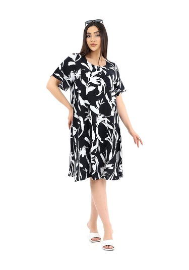 Schık Kadın Viskon Yarım Kol Kare Yaka Elbise Siyah Siyah