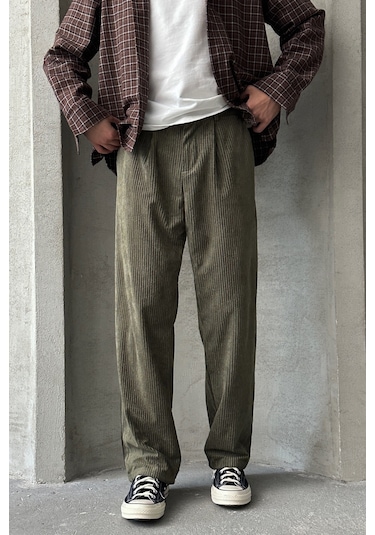 Erkek Pileli Baggy Kalıp Kadife Pantolon Haki