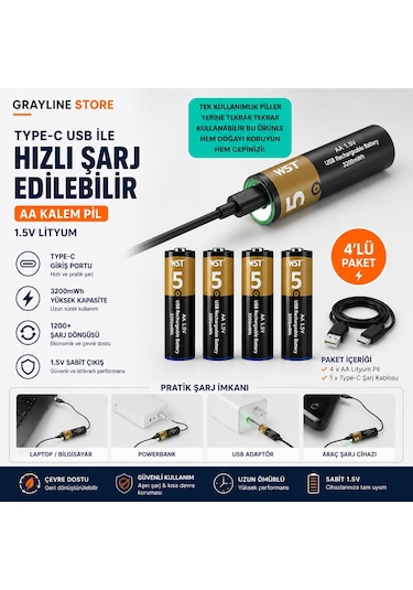Usb Type-c Şarjlı Aa Lityum Pil 1.5v Sabit Çıkış 3200mwh 4 Lü Paket