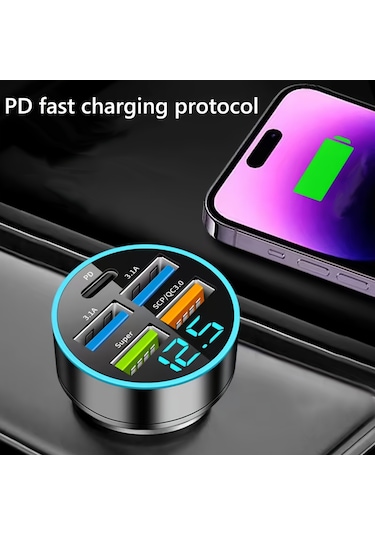 5 Port Usb Süper Hızlı Şarj Akıllı Telefon Şarj Algılama Dijital Ekran Araç Adaptörü Cep Telefonu Şarj Cihazı