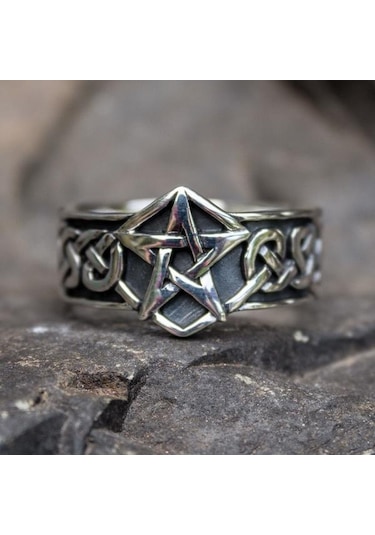 1 Adet Kelt Düğümü Gotik Paslanmaz Çelik Pentagram Yıldız Yüzük Erkek Moda Titanyum Biker Takı Beden 6-10 Gümüş