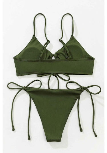 Angelsin Rib Dokulu Ön Ve Yan Bağcık Detaylı İpli Brezilya Bikini Takımı Yeşil