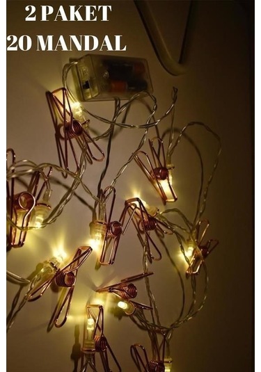 Hobibahçem Bakır Renkli Led Işıklı Fotoğraf Asma Işık Süsleme Mandalları Beyaz