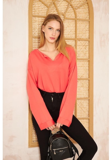 Kadın Ekstra Uzun Duble Kol / Yakası Yırtmaçlı Salaş Sweatshirt Bluz 3470190 Mercan