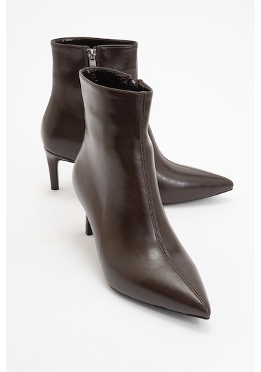 Noya Kahverengi Cilt Sivri Burun Kadın İnce Topuklu Bot Kahverengi Deri