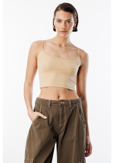 Genius Store Kadın Scuba Kumaş İp Askılı Crop Top Crop-atlet Bej
