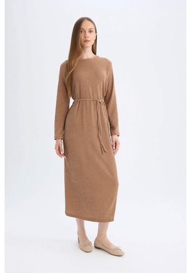 DeFacto Regular Fit Bürümcük Uzun Kollu Bağcıklı Midi Elbise D5024AX24AUBN540 Kahve
