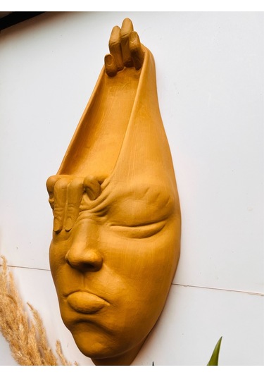 Soyut 3d Yüz Heykeli Modern Duvar Sanatı El Yapımı Dekoratif Mask 48x18 Cm Heykel Duvar Dekoru