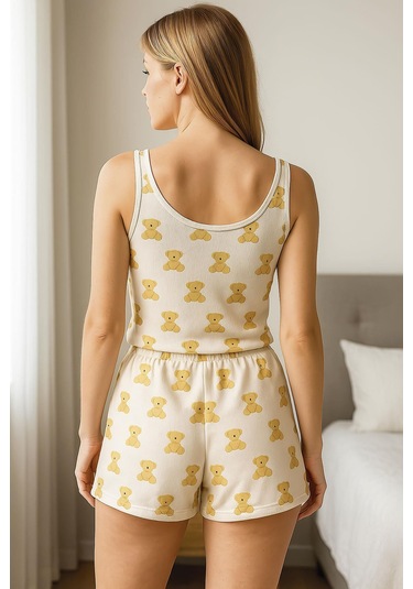 Bicomi Beyaz Üstüne Ayıcık Desenli Askılı Şortlu Pijama Takımı Beyaz