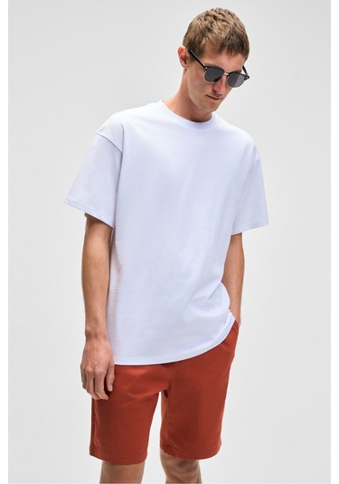 FEON Erkek Oversize Geniş Kesim %100 Organik Pamuk Kalın Dokulu Yuvarlak Yaka Beyaz T-Shirt