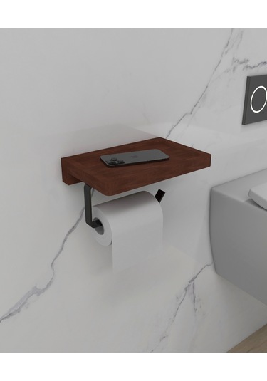 Papatya Masif Ahşap Raflı Tuvalet Kağıtlık, Metal Duvar Tipi Askı Siyah