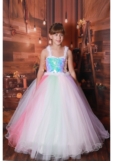 Kız Çocuk Unicorn Kostümü Kız Çocuk Abiye 3-11 Yaş Arası Çok Renkli