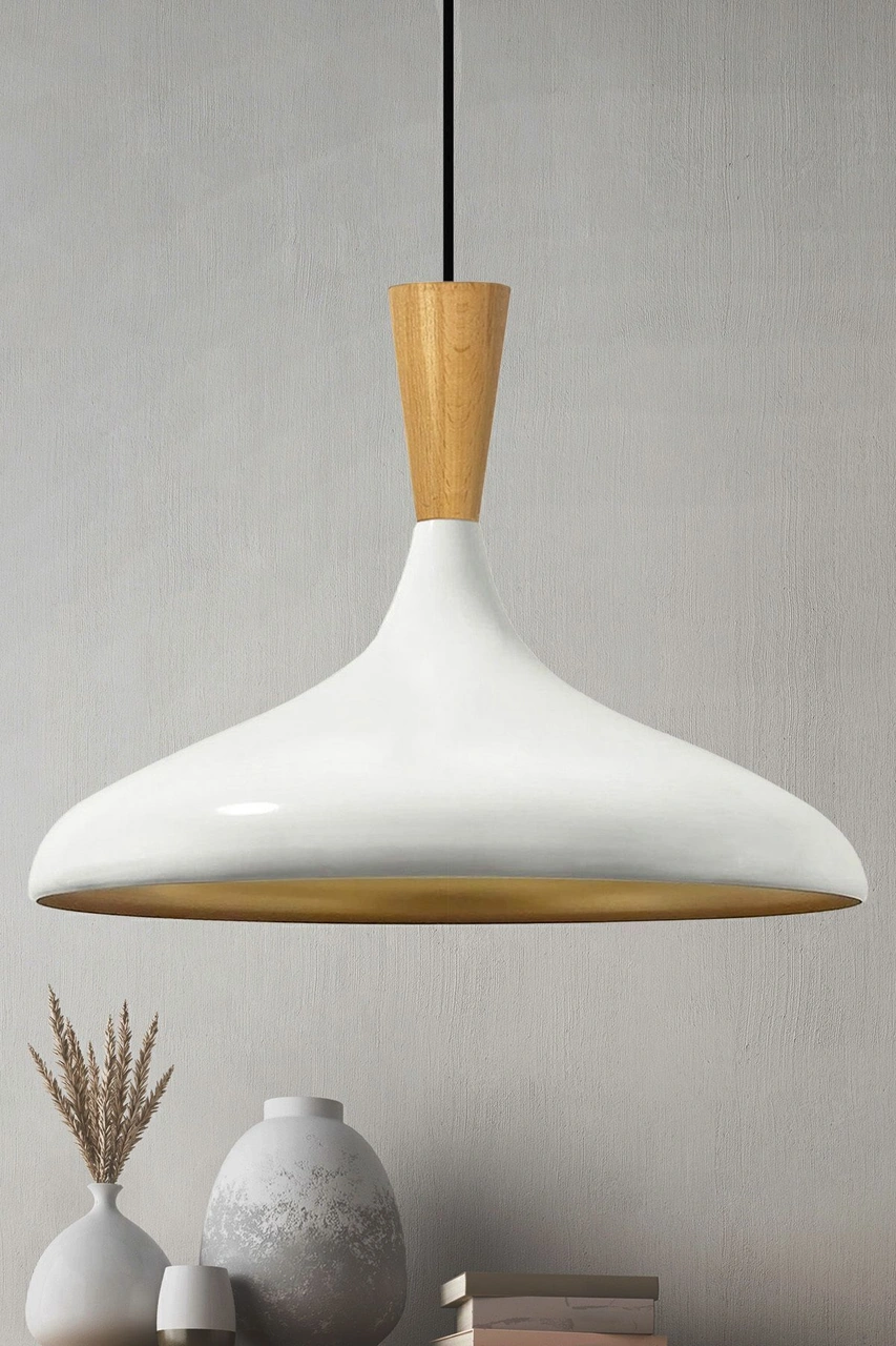 Champion Beyaz Ahşap Huni Tekli Avize Sarkıt Salon Mutfak Cafe Butik Lamba Aydınlatma Avizeler Beyaz