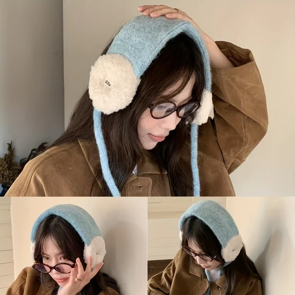 Elmpaly Mor Renk Bloklu Kadın Kışlık Polar Kulaklık Ayarlanabilir Kayak Kulak Koruyucu