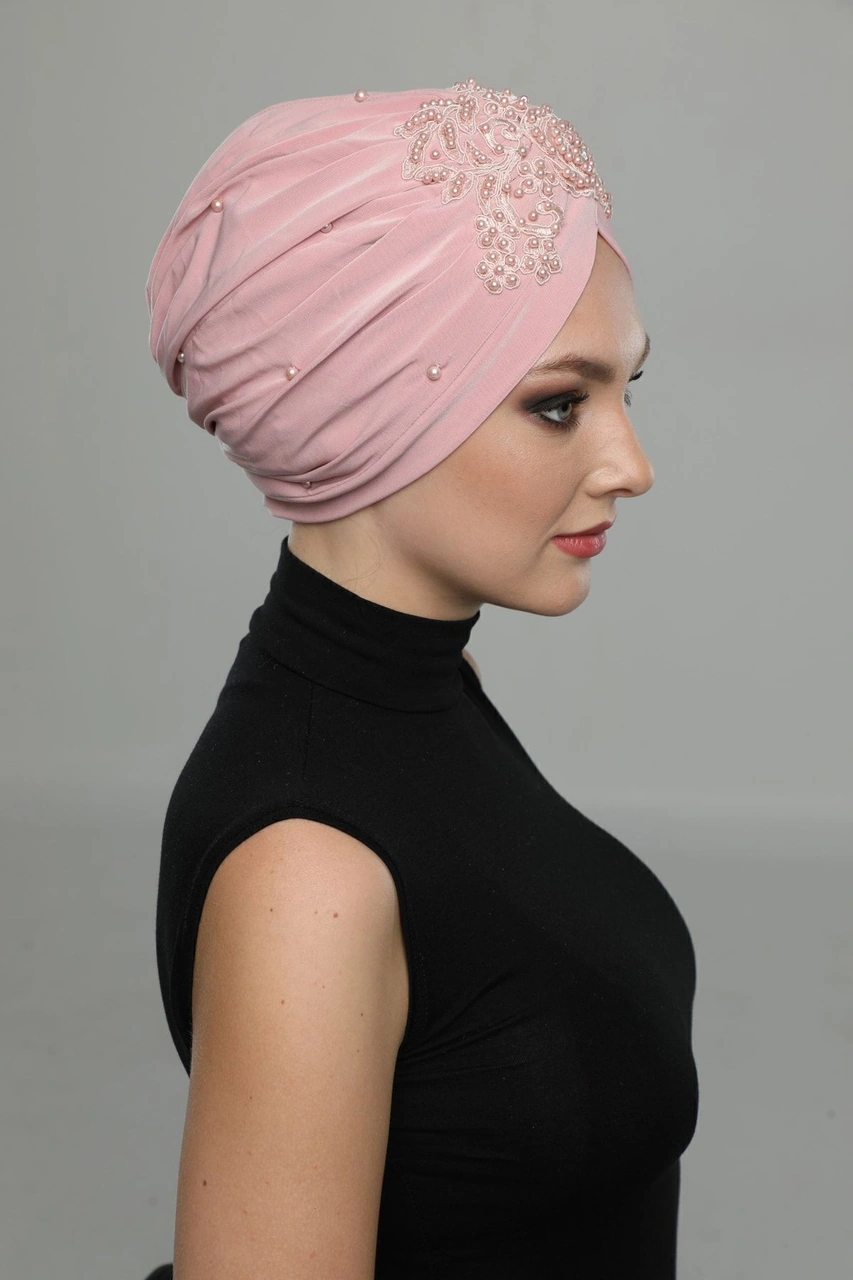 Kopma Astarlı Işlemeli Pudra Gül Motifli Hazır Türban Tesettür Abiye Bone Pudra Gül