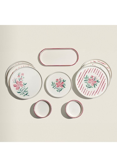Nehir Line Flowers 6 Kişilik 13 Parça Seramik Kahvaltı Takımı Beyaz - Pembe