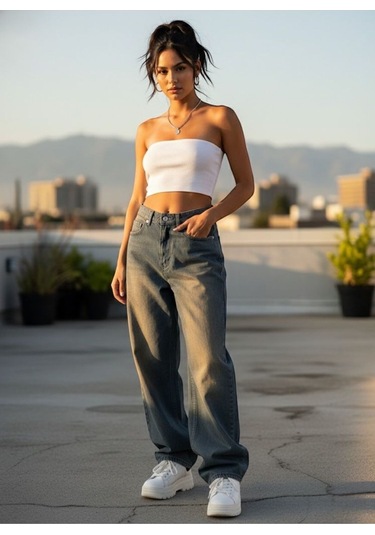 St.poll Eskitme Unisex Soluk Efektli Kahve Tint Baggy Jeans Pantolon Vintage Efekt