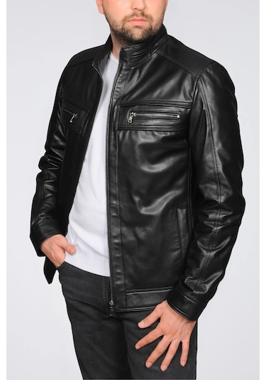 Derije Torres Hakiki Deri Erkek Büyük Beden Siyah Ceket Siyah