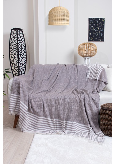 Pamuklu Püsküllü Elmas Desenli Koltuk Örtüsü 170x210 Cm Dekoratif Kanepe, Yatak Ve Tv Örtüsü Kahverengi