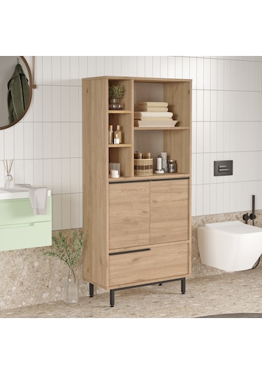 Lidya Banyo Dolabı Çok Amaçlı Dolap 3 Kapaklı Metal Ayaklı Sepet Kahverengi