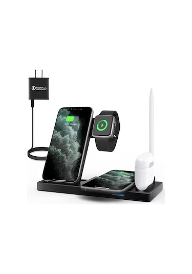 Yeni Özel Model Dört-in-bir Kablosuz Şarj Cihazı, Apple Cep Telefonları, Saatler, Kulaklıklar İçin Dikey Kablosuz Şarj Standına Uygundur.
