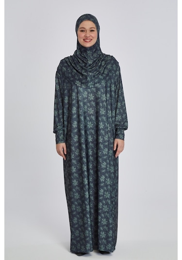Pratik Tek Parça Manolya Desenli Namaz Elbisesi Siyah