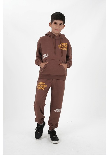 Erkek Çocuk Üç İplik Şardonsuz Kumaş Baskılı Kapüşonlu Eşofman Takımı Koyu Kahve