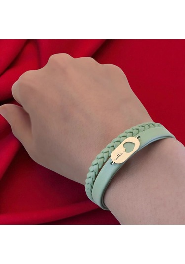 Archin Anne Temalı 14 Ayar Altın Plakalı Zeytin Yeşili Derili Kalp Motifli Hediye Bileklik-556sembol Anne