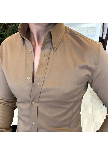 Italyan Stil Slim Fit Dik Yaka Saten Erkek Gömlek Vizon T5104 Vizon