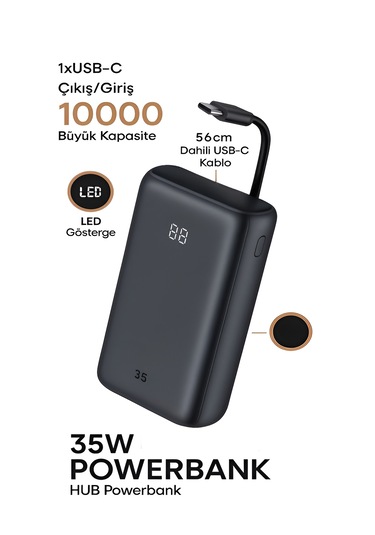 10000mah Lcd Dijital Göstergeli 35w Hızlı Şarjlı Powerbank - 56cm Type-c Kablolu Siyah