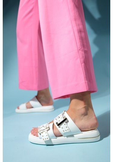 Luvishoes Zley Beyaz Şeffaf Tokalı Kadın Terlik Beyaz
