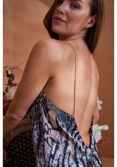 Pjs 27072 Kadın Özel Kutulu Taşlı İp Askılı Saten Arkası Açık Kısa Gecelik Siyah