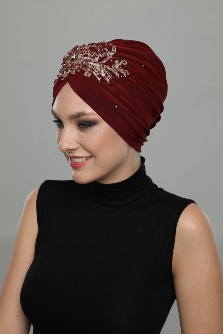 Kopma Astarlı Işlemeli Bordo Sırma Motifli Hazır Türban Tesettür Abiye Bone Bordo Sırma