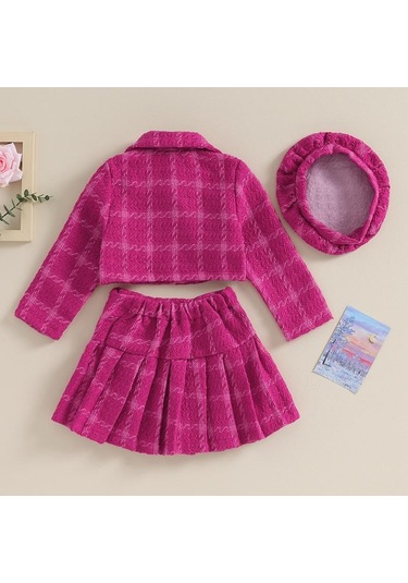 Açık Pembe Kızlar Sonbahar 3 Parça Kıyafetler 4y 5y 6y 7y Uzun Kollu Düğme Ceket Pilili Ekose Etek Şapka Seti Açık Pembe