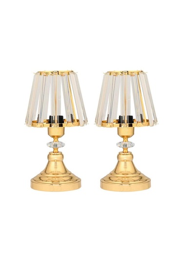 Gerçek Kristal Cam Başlık Gold Metal Gövdeli 2'li Yatak Odası Abajur İki Adet Gece Lambası Gold