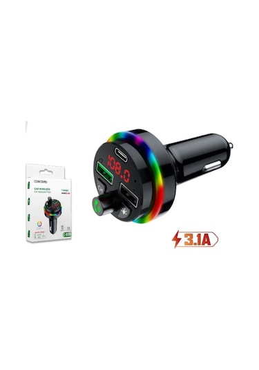 Concord C-6009 Bluetooth Görüşme Ve Müzik Dinleme Ekranlı Rgb Fm Transmitter Pd 3.1a Çift Usb Şarj