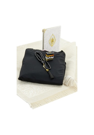 Pratik Başörtülü Tek Parça Namaz Elbisesi ve Seccade Seti Siyah 001