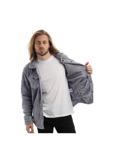 Erkek Çıt Çıt Detaylı Cepli Peluş Ceket Gri-mavi Gri