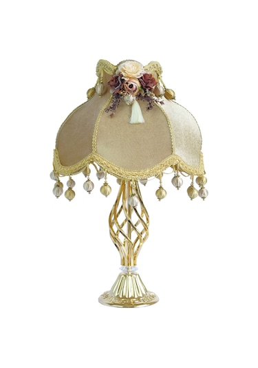 Kadife Kaplı Çiçek Dekorlu Gold Kaplama Vintage Abajur 13798424 Diğer