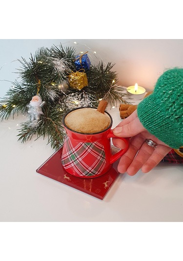 Decorita Cam Bardak Altlığı YeniYıl Kırmızı 5'li Geyik 4'lü Takım Kırmızı