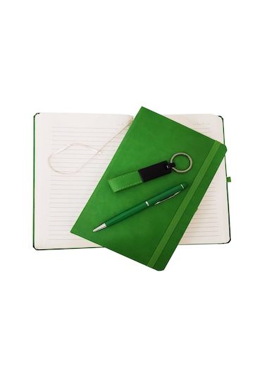 Yeşil Termo Deri Defter, Kalem Ve Anahtarlık Seti