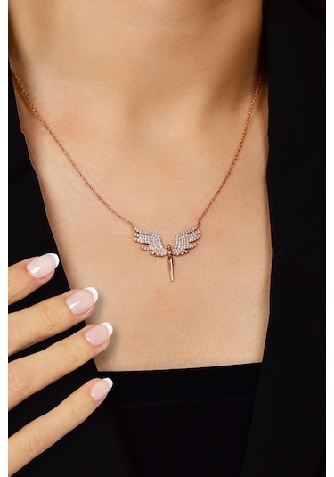 Erdobia Zirkon Taşlı Rose Mikail Kanadı Gümüş Kolye