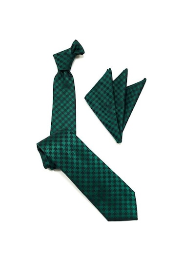 Venchy Yeşil Siyah Kazayağı Desen Mendilli Kravat 4240 - 3Mk Yeşil