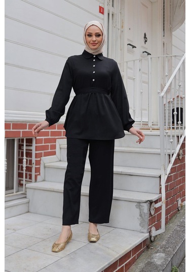Taş Düğme Detaylı Takım Siyah Siyah