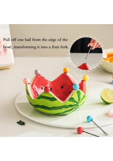 Honeybeeshop Kırmızı İçli Karpuz Kasesi 6 Çatal Ve Paslanmaz Desert Cocktail Kaşıkları Seti Kırmızı Dolgu Karpuz Kasesi