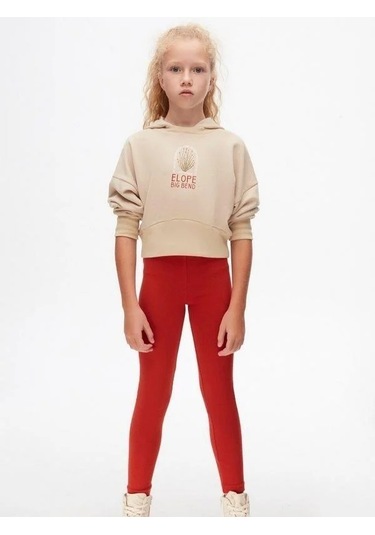 Kız Çocuk Pamuklu Orta Kalınlık Kapüşonlu Crop Sweatshirt-14707 Vizon