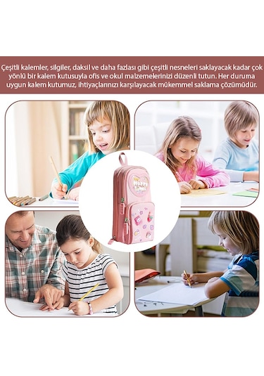 Ally Kawaii Büyük Kapasiteli Tuval Kalem Çantası Kızlar İçin Kılıf Tutucu Kutusu - Pembe Pembe