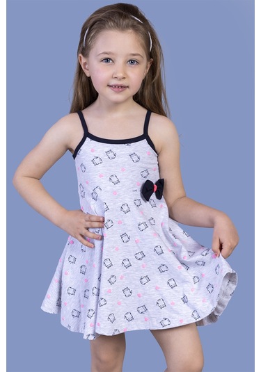 Toontoy Kız Çocuk Kedi Desenli Fiyonk Detaylı Volanlı Elbise Pembe Melanj