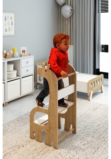 Zürafa Montessori Ahşap Öğrenme Kulesi Safir Meşe - Beyaz